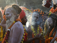 Hindu sadhus (holy men) from the Juna Akhara take part in a religious procession towards the Sangam area during the first entry for the Maha...