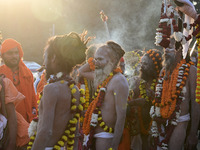 Hindu sadhus (holy men) from the Juna Akhara take part in a religious procession towards the Sangam area during the first entry for the Maha...