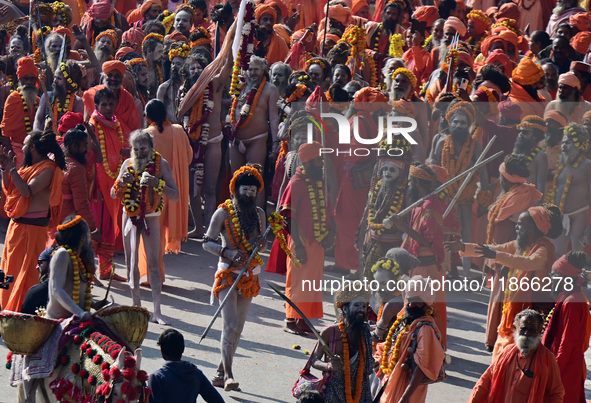 Hindu sadhus (holy men) from the Juna Akhara take part in a religious procession towards the Sangam area during the first entry for the Maha...