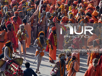 Hindu sadhus (holy men) from the Juna Akhara take part in a religious procession towards the Sangam area during the first entry for the Maha...