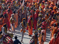 Hindu sadhus (holy men) from the Juna Akhara take part in a religious procession towards the Sangam area during the first entry for the Maha...