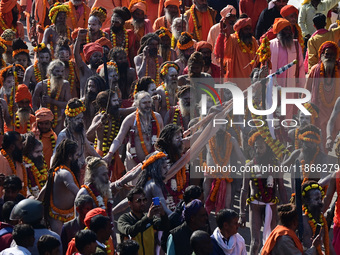 Hindu sadhus (holy men) from the Juna Akhara take part in a religious procession towards the Sangam area during the first entry for the Maha...