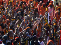 Hindu sadhus (holy men) from the Juna Akhara take part in a religious procession towards the Sangam area during the first entry for the Maha...