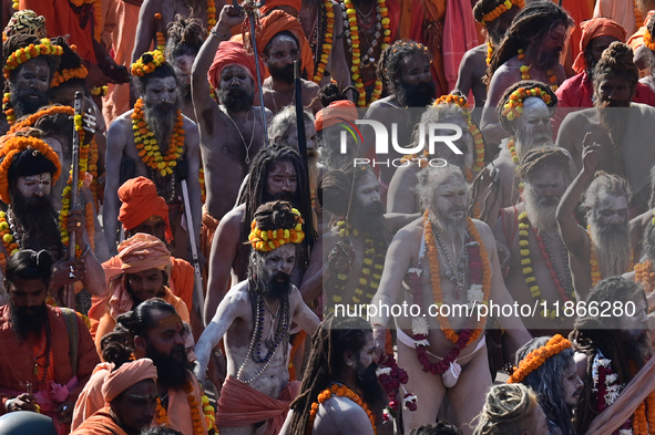 Hindu sadhus (holy men) from the Juna Akhara take part in a religious procession towards the Sangam area during the first entry for the Maha...