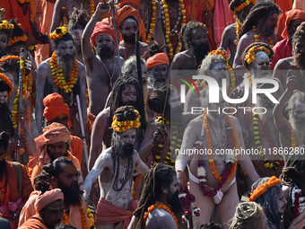 Hindu sadhus (holy men) from the Juna Akhara take part in a religious procession towards the Sangam area during the first entry for the Maha...