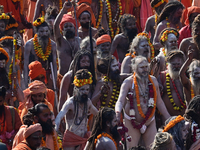 Hindu sadhus (holy men) from the Juna Akhara take part in a religious procession towards the Sangam area during the first entry for the Maha...