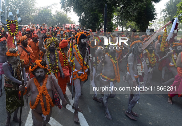 Hindu sadhus (holy men) from the Juna Akhara take part in a religious procession towards the Sangam area during the first entry for the Maha...