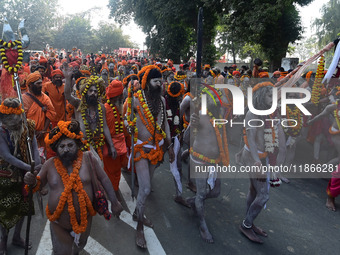 Hindu sadhus (holy men) from the Juna Akhara take part in a religious procession towards the Sangam area during the first entry for the Maha...