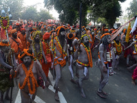 Hindu sadhus (holy men) from the Juna Akhara take part in a religious procession towards the Sangam area during the first entry for the Maha...