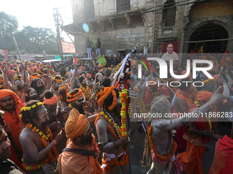 Hindu sadhus (holy men) from the Juna Akhara take part in a religious procession towards the Sangam area during the first entry for the Maha...