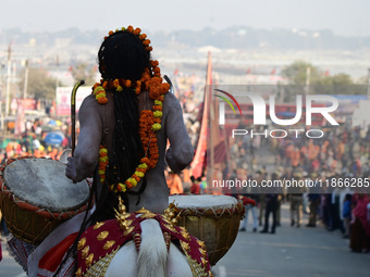 Hindu sadhus (holy men) from the Juna Akhara take part in a religious procession towards the Sangam area during the first entry for the Maha...