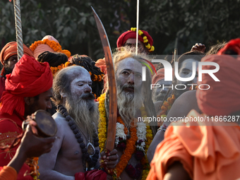 Hindu sadhus (holy men) from the Juna Akhara take part in a religious procession towards the Sangam area during the first entry for the Maha...