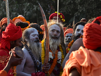 Hindu sadhus (holy men) from the Juna Akhara take part in a religious procession towards the Sangam area during the first entry for the Maha...