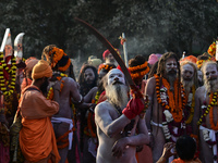 Hindu sadhus (holy men) from the Juna Akhara take part in a religious procession towards the Sangam area during the first entry for the Maha...