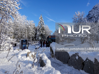 Passengers wait for the bus to Grainau amidst the snowy landscape at Lake Eibsee in Bavaria, Germany, on December 13, 2024. A group of peopl...