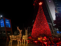 A Christmas tree with decorative lights is visible on a road in Gurugram, India, on December 14, 2024. (