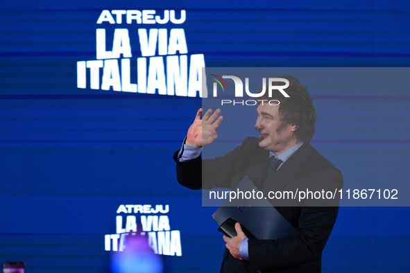 Javier Milei, President of Argentina, participates in the Atreju event, the Brothers of Italy party, at the Circus Maximus in Rome, Italy, o...