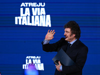 Javier Milei, President of Argentina, participates in the Atreju event, the Brothers of Italy party, at the Circus Maximus in Rome, Italy, o...