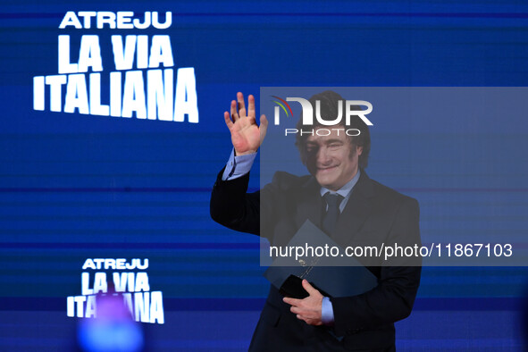 Javier Milei, President of Argentina, participates in the Atreju event, the Brothers of Italy party, at the Circus Maximus in Rome, Italy, o...