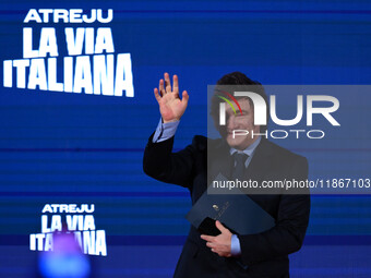 Javier Milei, President of Argentina, participates in the Atreju event, the Brothers of Italy party, at the Circus Maximus in Rome, Italy, o...