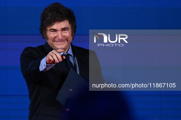 Javier Milei, President of Argentina, participates in the Atreju event, the Brothers of Italy party, at the Circus Maximus in Rome, Italy, o...