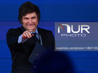 Javier Milei, President of Argentina, participates in the Atreju event, the Brothers of Italy party, at the Circus Maximus in Rome, Italy, o...