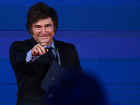 Javier Milei, President of Argentina, participates in the Atreju event, the Brothers of Italy party, at the Circus Maximus in Rome, Italy, o...