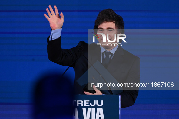 Javier Milei, President of Argentina, participates in the Atreju event, the Brothers of Italy party, at the Circus Maximus in Rome, Italy, o...