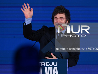 Javier Milei, President of Argentina, participates in the Atreju event, the Brothers of Italy party, at the Circus Maximus in Rome, Italy, o...