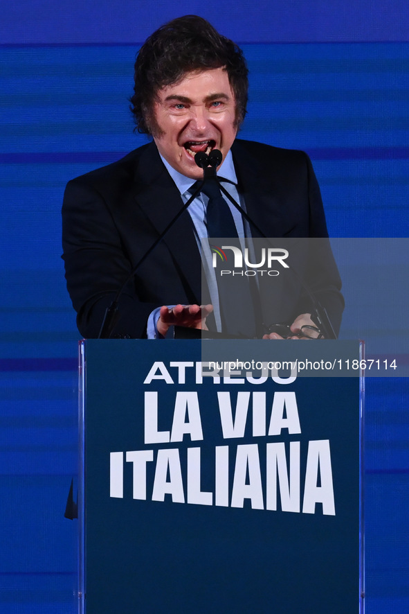 Javier Milei, President of Argentina, participates in the Atreju event, the Brothers of Italy party, at the Circus Maximus in Rome, Italy, o...