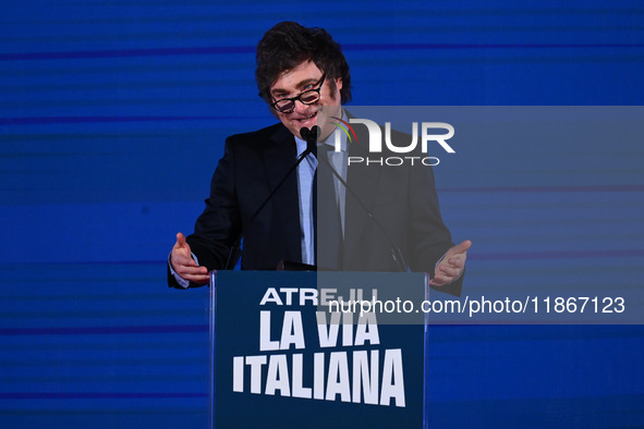 Javier Milei, President of Argentina, participates in the Atreju event, the Brothers of Italy party, at the Circus Maximus in Rome, Italy, o...