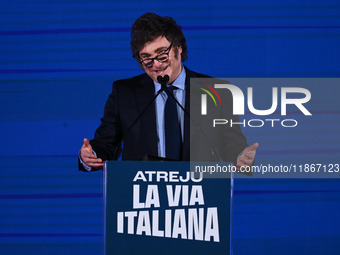 Javier Milei, President of Argentina, participates in the Atreju event, the Brothers of Italy party, at the Circus Maximus in Rome, Italy, o...