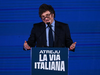 Javier Milei, President of Argentina, participates in the Atreju event, the Brothers of Italy party, at the Circus Maximus in Rome, Italy, o...