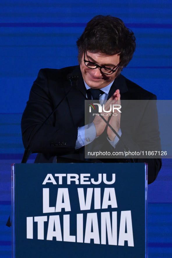 Javier Milei, President of Argentina, participates in the Atreju event, the Brothers of Italy party, at the Circus Maximus in Rome, Italy, o...