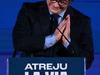 Javier Milei, President of Argentina, participates in the Atreju event, the Brothers of Italy party, at the Circus Maximus in Rome, Italy, o...