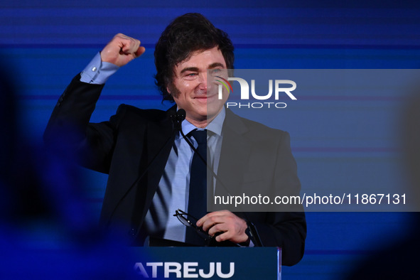 Javier Milei, President of Argentina, participates in the Atreju event, the Brothers of Italy party, at the Circus Maximus in Rome, Italy, o...