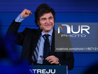 Javier Milei, President of Argentina, participates in the Atreju event, the Brothers of Italy party, at the Circus Maximus in Rome, Italy, o...