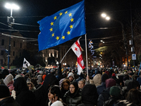 Anti-government demonstrators gather outside the Georgian parliament after the parliament members elect a new president in Tbilisi, Georgia,...