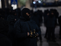 Police officers block the Georgian Parliament building as anti-government demonstrators gather outside the parliament in Tbilisi, Georgia, o...