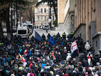 Anti-government demonstrators gather outside the Georgian parliament after the parliament members elect a new president in Tbilisi, Georgia,...