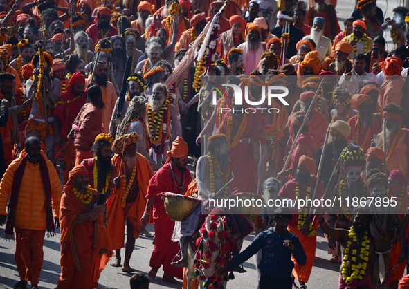 Hindu sadhus (holy men) from the Juna Akhara take part in a religious procession towards the Sangam area during the first entry for the Maha...