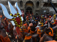 Hindu sadhus (holy men) from the Juna Akhara take part in a religious procession towards the Sangam area during the first entry for the Maha...