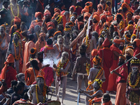 Hindu sadhus (holy men) from the Juna Akhara take part in a religious procession towards the Sangam area during the first entry for the Maha...