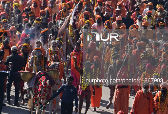 Hindu sadhus (holy men) from the Juna Akhara take part in a religious procession towards the Sangam area during the first entry for the Maha...