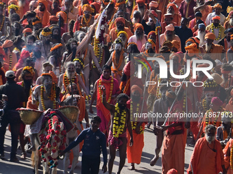 Hindu sadhus (holy men) from the Juna Akhara take part in a religious procession towards the Sangam area during the first entry for the Maha...