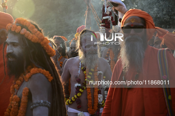 Hindu sadhus (holy men) from the Juna Akhara take part in a religious procession towards the Sangam area during the first entry for the Maha...