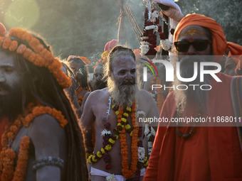 Hindu sadhus (holy men) from the Juna Akhara take part in a religious procession towards the Sangam area during the first entry for the Maha...