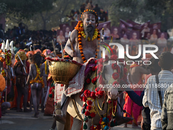 Hindu sadhus (holy men) from the Juna Akhara take part in a religious procession towards the Sangam area during the first entry for the Maha...