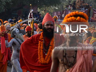 Hindu sadhus (holy men) from the Juna Akhara take part in a religious procession towards the Sangam area during the first entry for the Maha...