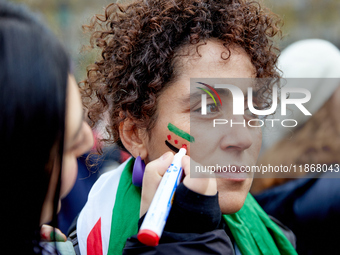 Members of the Syrian community celebrate and wave Syrian independence flags while shouting slogans during a rally in support of the Syrian...